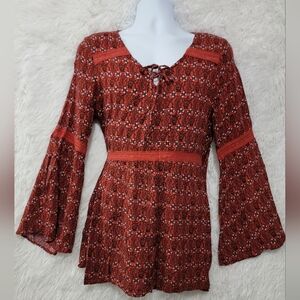 Weekend By Susan Betro Elegant Rust Floral Lace-Up Blouse Crochet Details Xl